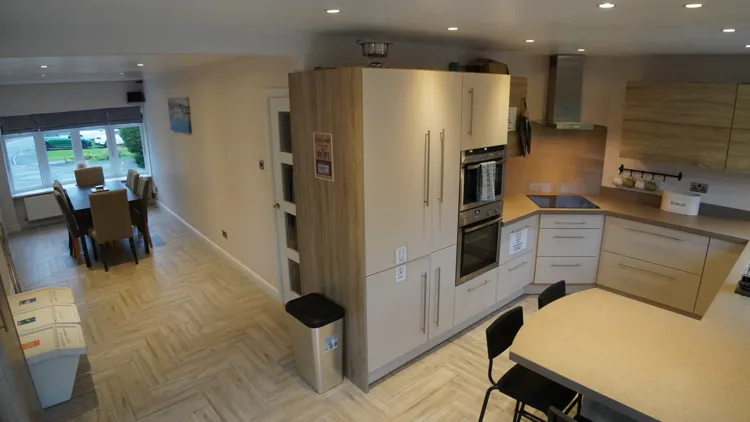 Kitchen and dining space for meals together